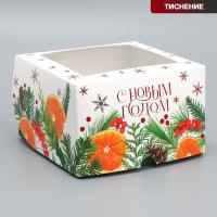Коробка складная на 4 капкейка с окном «С Новым годом» мандарины, 16×16×10 см