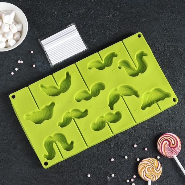 Форма для леденцов и мороженого «Усы» с палочками, 28,5×16×2 см, 10 ячеек (6,5×2,2 см)
