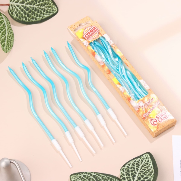 Свеча для торта витые "Серпантин" 6  шт, 12 см, коктейльные, небесно-голубые