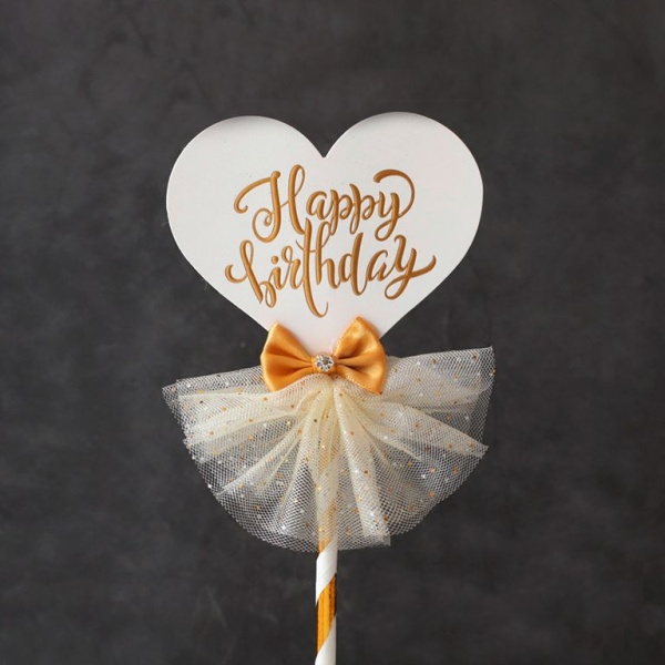 Топпер «Роскошь» Happy Birthday (сердце, белый с бантом)