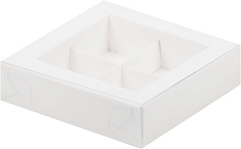 Коробка для 4 конфет с пластиковой крышкой 120х120х30 мм (белая)