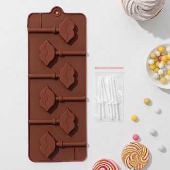Форма для леденцов и мороженого Доляна «Поцелуй», 24×9,4×1,5 см, 6 ячеек (4×2,4 см), с палочками, цвет шоколадный