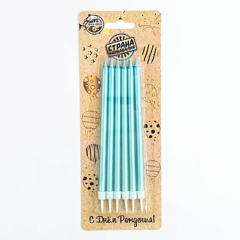 Свечи в торт "Ройс", 6 шт, высокие, 13 см, небесно-голубой металлик