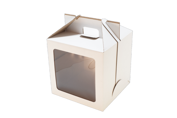 Коробка с боковым окном 240х240х240 мм  ДОМИК для торта (гофрокартон) с ручкой