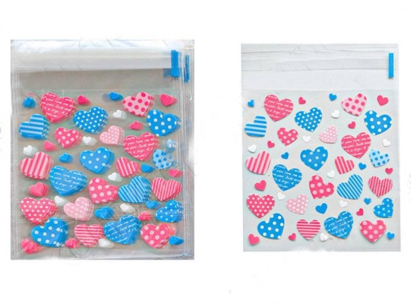 Пакетики с принтом "Сердечки" 10*10+3 с клеевым клапаном (10л)