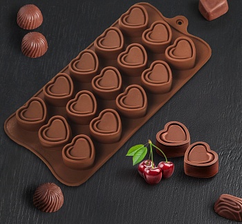 Форма для льда и кондитерских украшений Доляна «Сладкое сердце», 22×10,5 см, 15 ячеек (2,2×2,8 см), цвет шоколадный