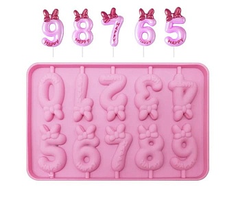 Силиконовая форма для леденцов Цифры с бантиком 10 ячеек. 3,2*5,8 см