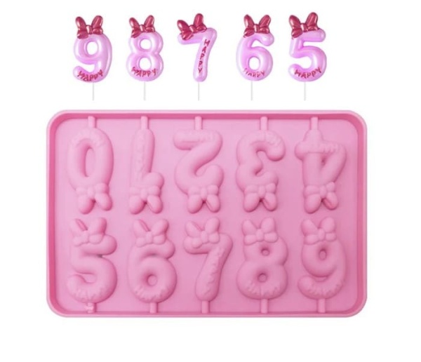 Силиконовая форма для леденцов Цифры с бантиком 10 ячеек. 3,2*5,8 см