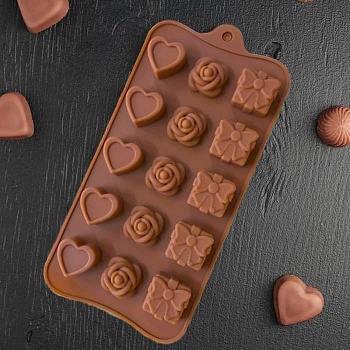 Форма для шоколадных конфет силиконовая "Подарок, сердце, роза", 15 ячеек