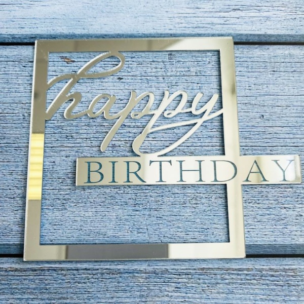 Топпер надпись для торта «Happy Birthday» в серебряной рамке